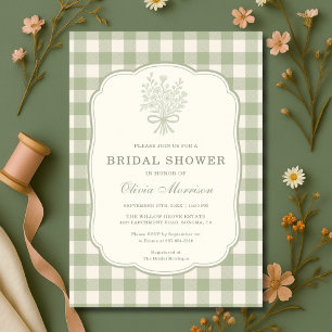 Gingham Floral Bow Sage Green Bridal Shower Invitation