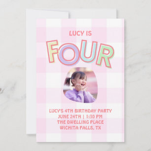 gingham FOUR fourth birthday invitation for girls