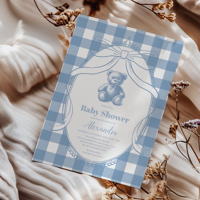 Gingham French Teddy Bear Baby Shower Invitation (Creator Uploaded)