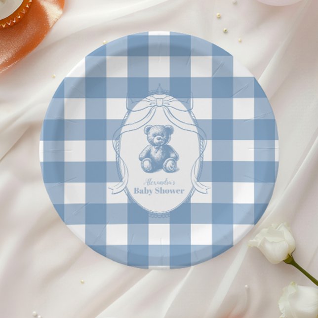 Gingham French Teddy Bear Baby Shower Paper Plate (Creator Uploaded)