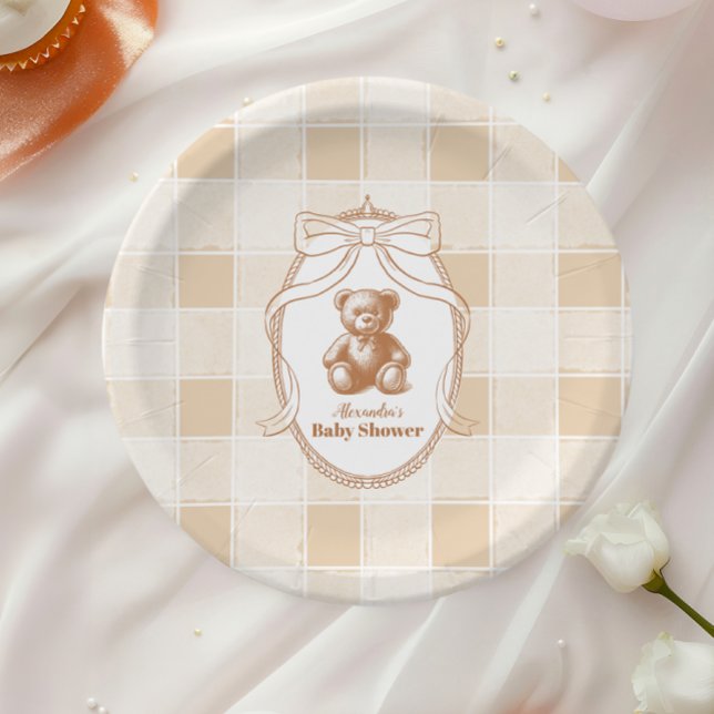 Gingham French Teddy Bear Baby Shower Paper Plate (Creator Uploaded)