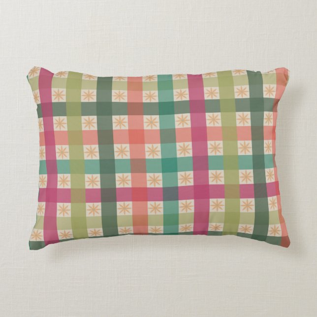 Gingham & Geometric Flowers Pattern Accent Pillow  (Front)