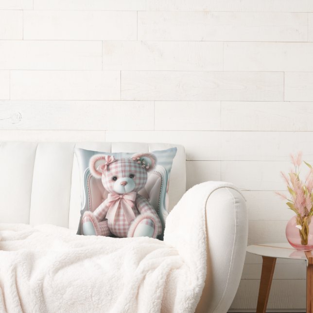 Gingham  Girly Teddy Bear On a Chair Cushion (Couch)
