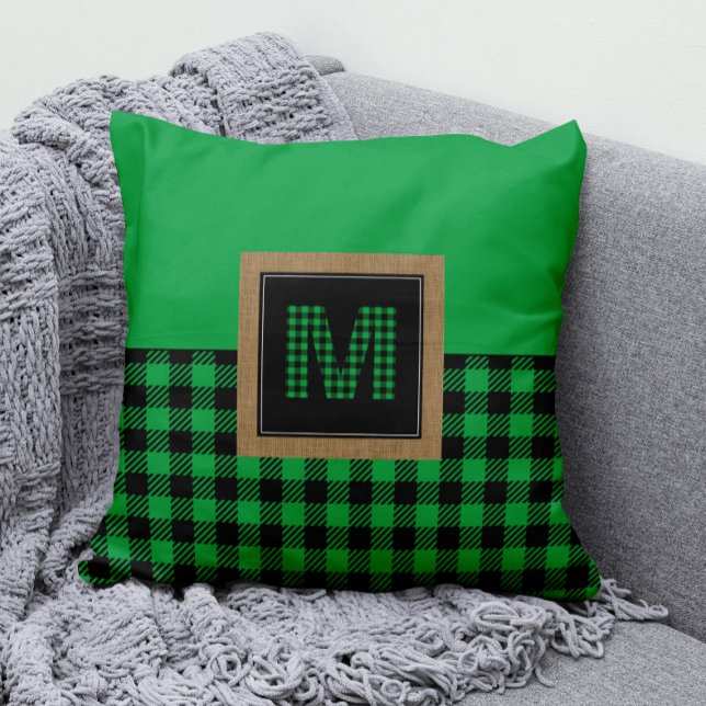 Gingham Green and Black Buffalo Plaid Monogram Cushion (Monogram Green and Black Buffalo Check Pillow)