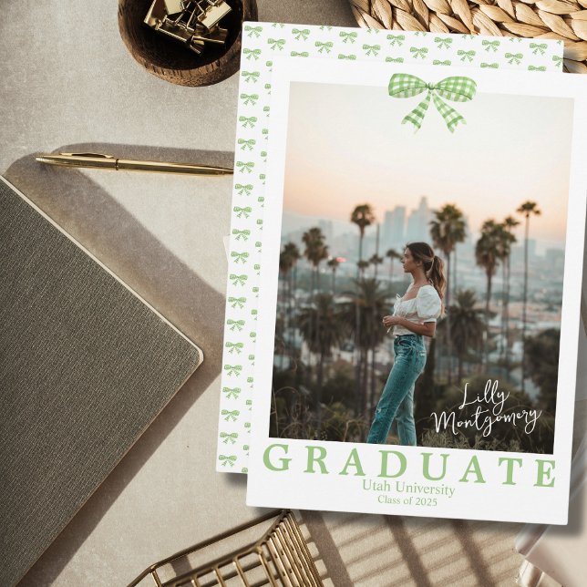 Gingham Green Bow Photo Graduation Announcement (Creator Uploaded)