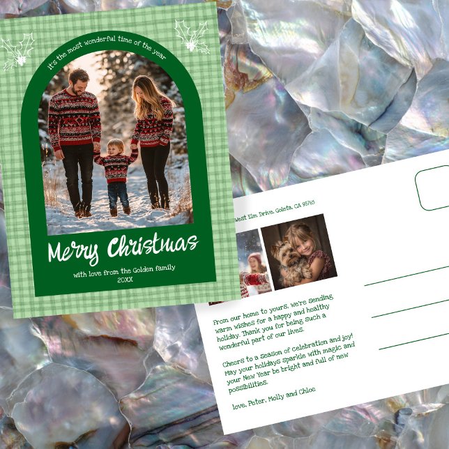 Gingham Green Christmas Custom Arch 3 Photo  Holiday Postcard (Gingham Green Christmas Custom Arch 3 Photo Holiday Postcard
)