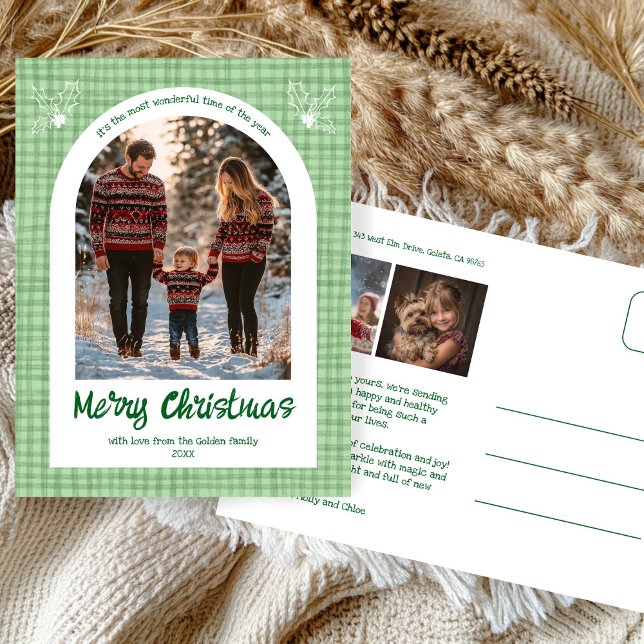 Gingham Green Christmas Custom Arch 3 Photo  Holiday Postcard (Gingham Green Christmas Custom Arch 3 Photo Holiday Postcard
)