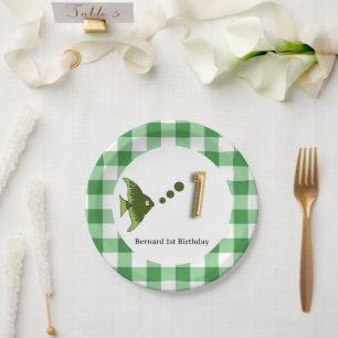Gingham, Green Fish & Balloon 1st Birthday Paper Plate