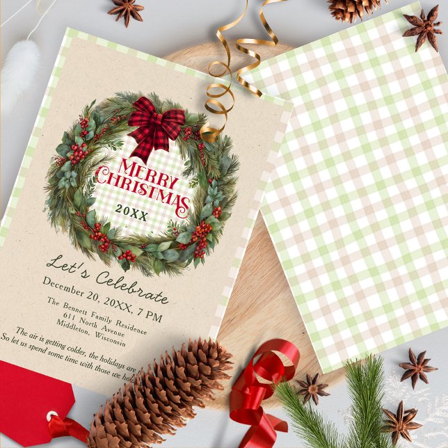 Gingham Green Red Wreath Farmhouse Christmas      Invitation (Creator Uploaded)
