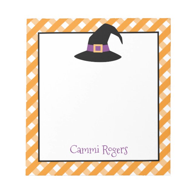 Gingham Halloween Witch Hat Personalised Notepad (Front)