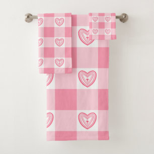 Gingham hearts pink bath towel set