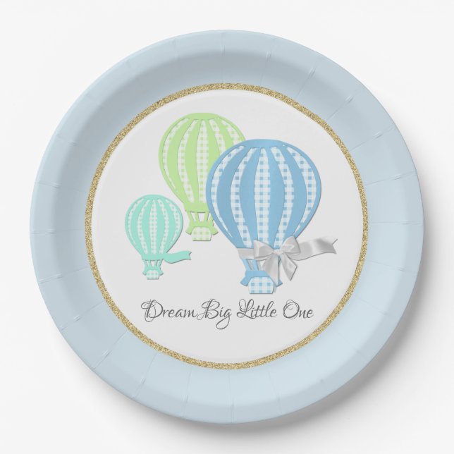 Gingham Hot Air Balloon Baby Blue Paper Plate (Front)