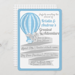 Gingham Hot Air Balloon Blue Baby Shower Invitation