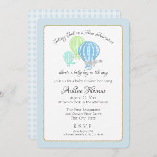 Gingham Hot Air Balloons Adventure Baby Shower Invitation