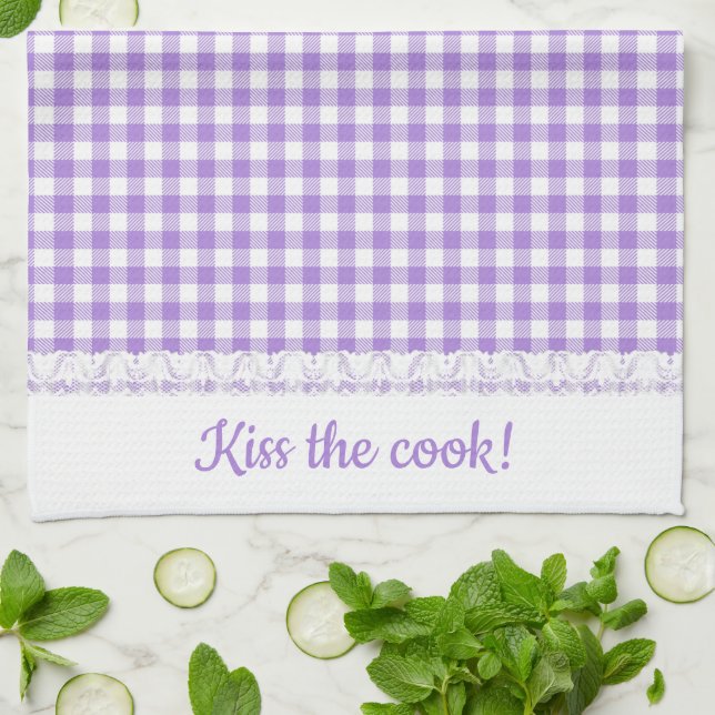 Gingham Lace and Name in Lavender purple Tea Towel (Folded)