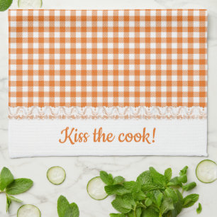Gingham Lace and Name in Tango Orange Tea Towel