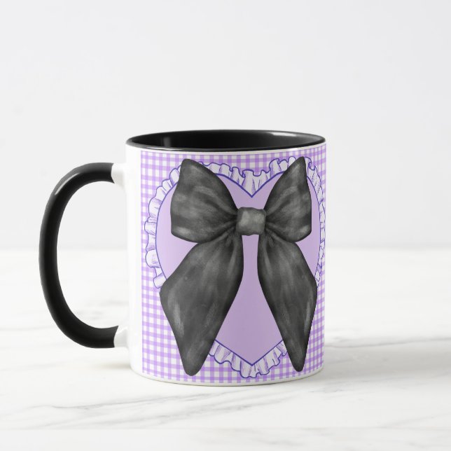 Gingham Lavender Mug Vintage Heart Coquette Bow (Left)