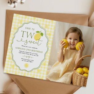 Gingham Lemon Citrus Themed 2nd Birthday Photo Invitation