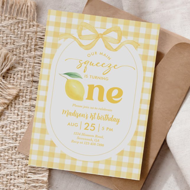 Gingham Lemon Our Main Squeeze 1st Birthday Invitation (Creator Uploaded)