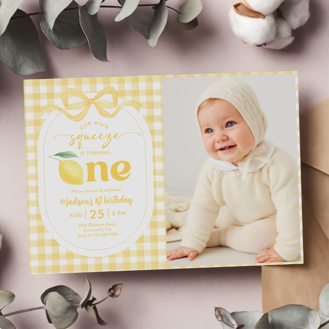 Gingham Lemon Our Main Squeeze 1st Birthday Photo Invitation (Creator Uploaded)