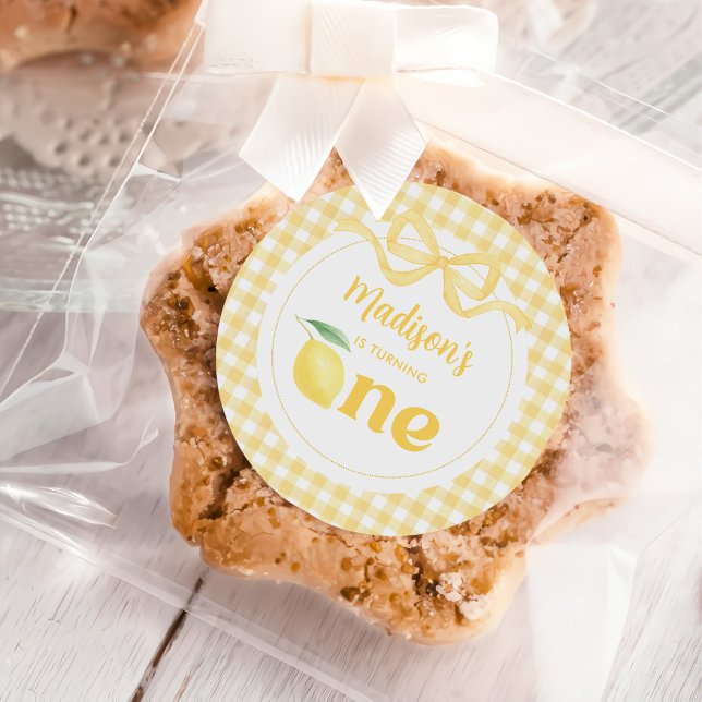Gingham Lemon Themed 1st Birthday Classic Round Sticker (Creator Uploaded)