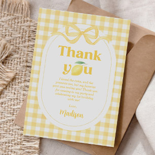 Gingham Lemon Themed 1st Birthday Thank You Card
