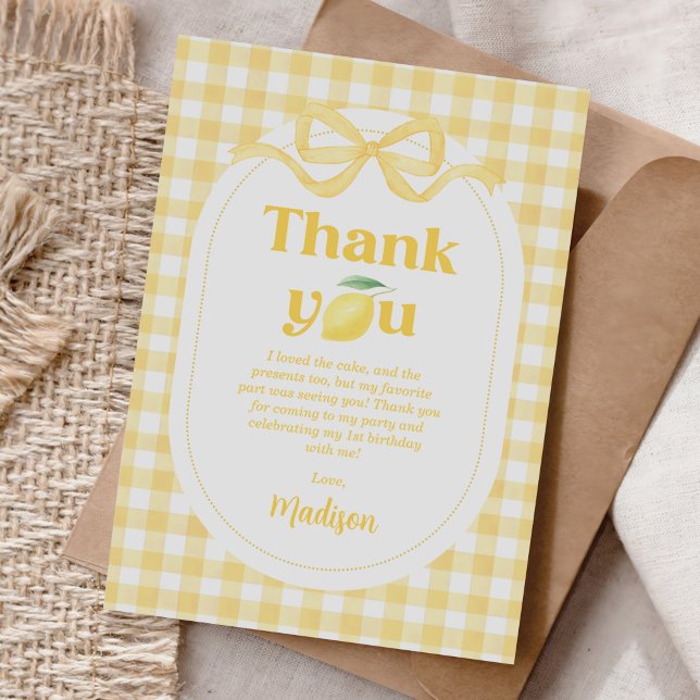 Gingham Lemon Themed 1st Birthday Thank You Card (Creator Uploaded)