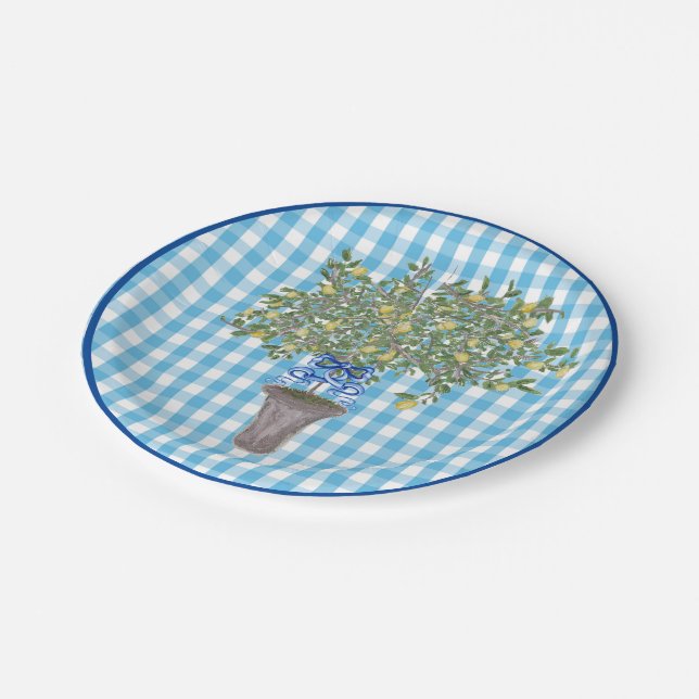 Gingham Lemons Lemon Tree  Paper Plate (Angled)