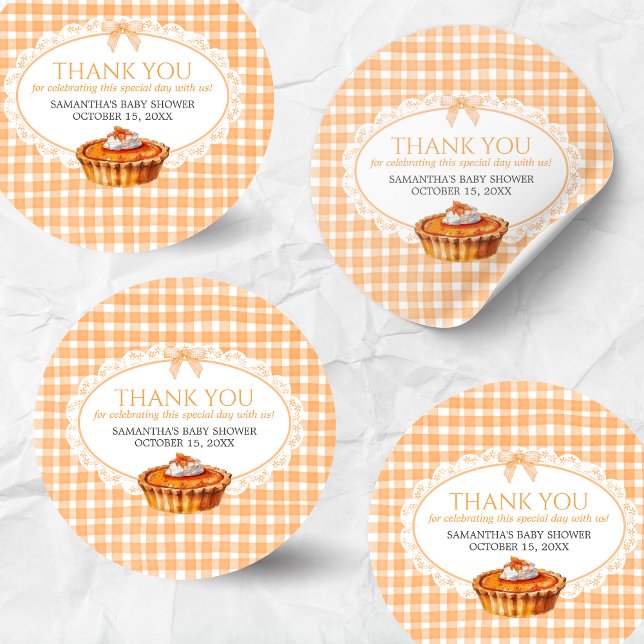 Gingham Little Cutie Pie Baby Shower Classic Round Sticker (Little Cutie Pie Gingham Pumpkin Baby Shower Sticker)