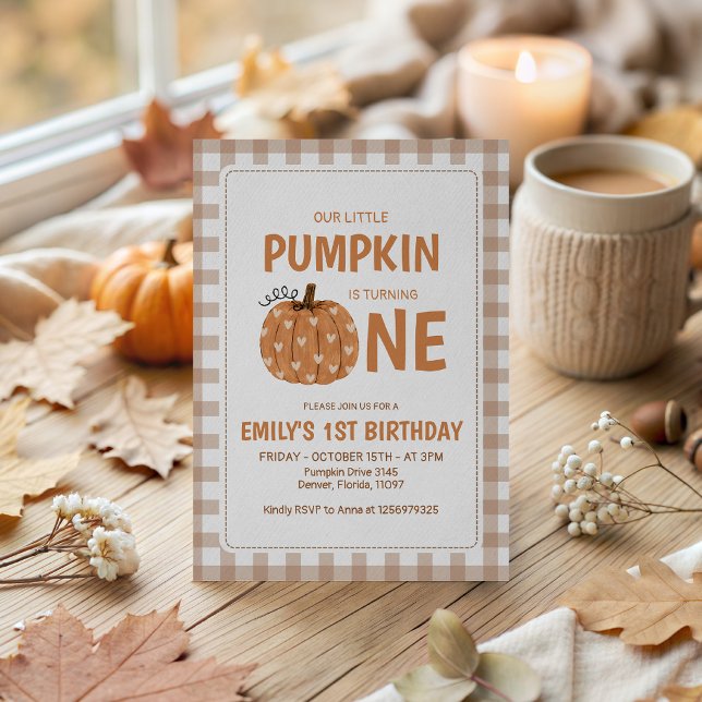 Gingham Little Pumpkin 1st Birthday Invite (Creator Uploaded)