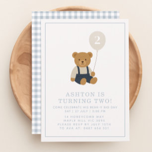 Gingham, little teddy bear birthday invitation