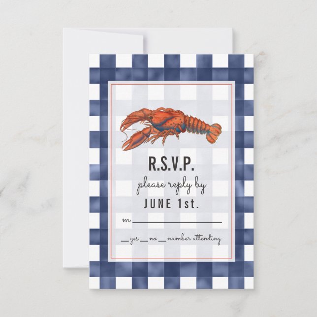 Gingham Lobster Rustic Wedding RSVP (Front)