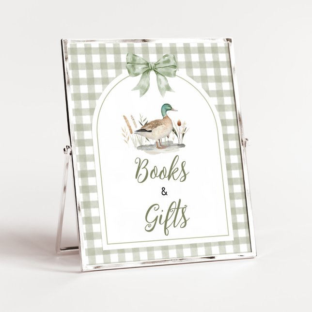 Gingham Mallard Duck Baby Books and Gifts Sign (Sage Green Gingham Mallard Duck Hunting Country Baby Shower Sign )