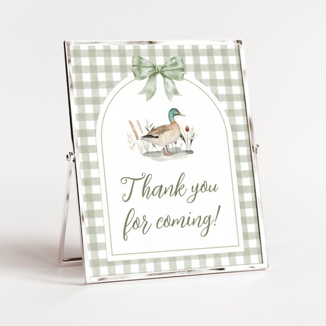 Gingham Mallard Duck Baby Shower Thank you Sign (Sage Green Gingham Mallard Duck Hunting Country Baby Shower Sign)