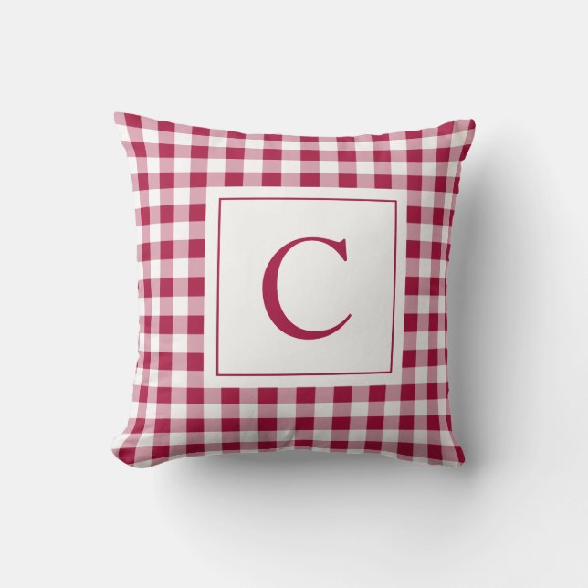 Gingham Maroon Monogram Pillow (Front)