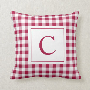 Gingham Maroon Monogram Pillow
