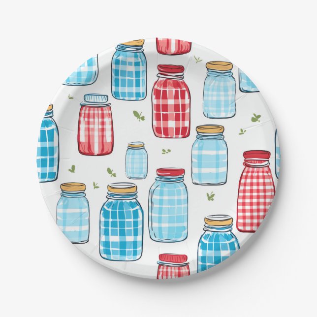 Gingham Mason Jar Pattern – Country Kitchen Charm Paper Plate (Front)