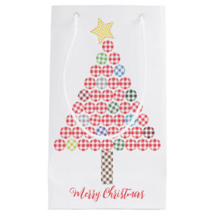 Gingham Multicolor Merry Christmas Tree   Small Gift Bag