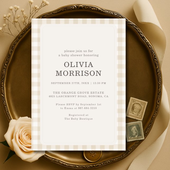 Gingham Neutral Beige Baby Shower Invitation (Creator Uploaded)