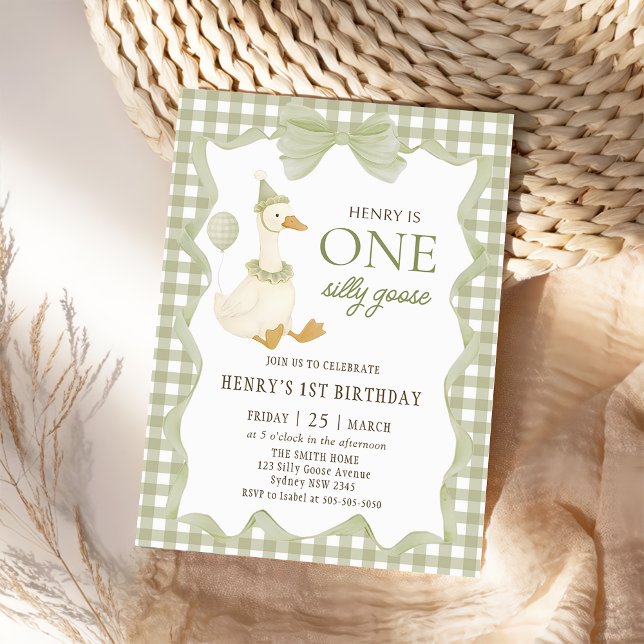 Gingham One Silly Goose 1st Birthday Invitation (Creator Uploaded)