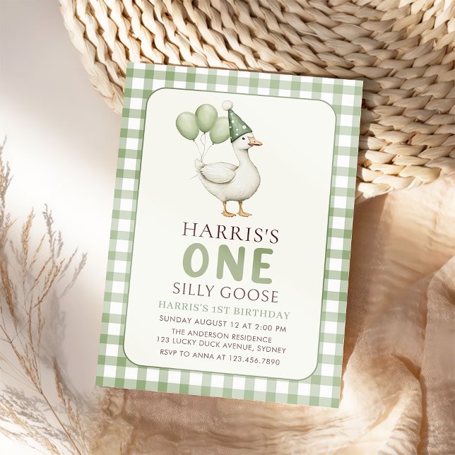 Gingham One Silly Goose 1st Birthday Invitation  (Creator Uploaded)