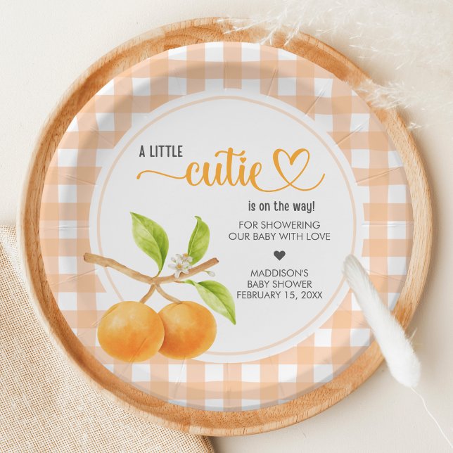 Gingham Orange Baby Shower Paper Plate (Little Cutie Orange Baby Shower Paper Plate)