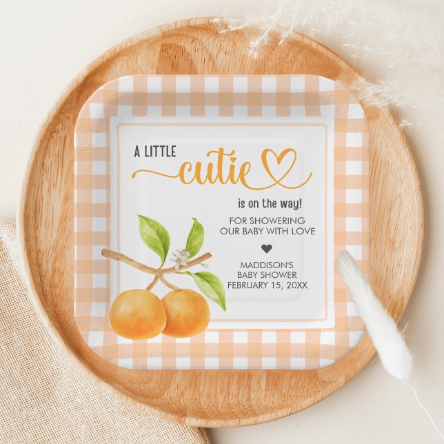 Gingham Orange Baby Shower Paper Plate (Little Cutie Orange Baby Shower Paper Plate)