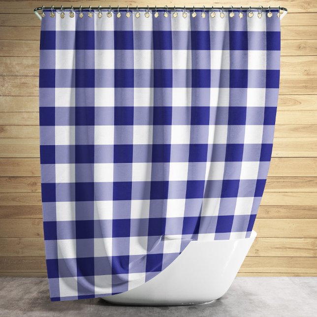 Gingham Pattern Blue And White Checked Shower Curtain (Classic Blue Plaid Gingham Checks Shower Curtain)