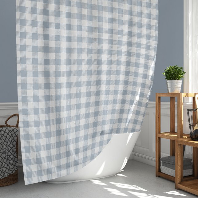 Gingham Pattern Coastal Chequered White Muted Blue Shower Curtain (Creator Uploaded)