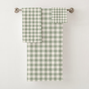 Gingham Pattern Cottagecore Chequered Beige Sage Bath Towel Set
