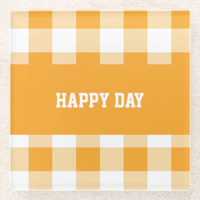 Gingham Pattern Happy Day  Glass Coaster (Front)