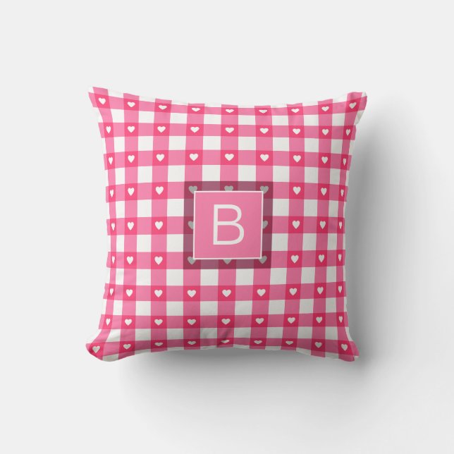 Gingham Pattern Hearts Pink White Custom Monogram Cushion (Front)