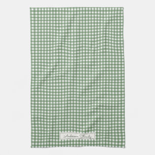 Gingham Pattern in Green with Name Tea Towel