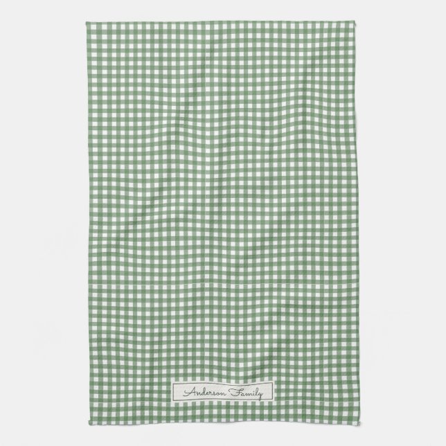 Gingham Pattern in Green with Name Tea Towel (Vertical)